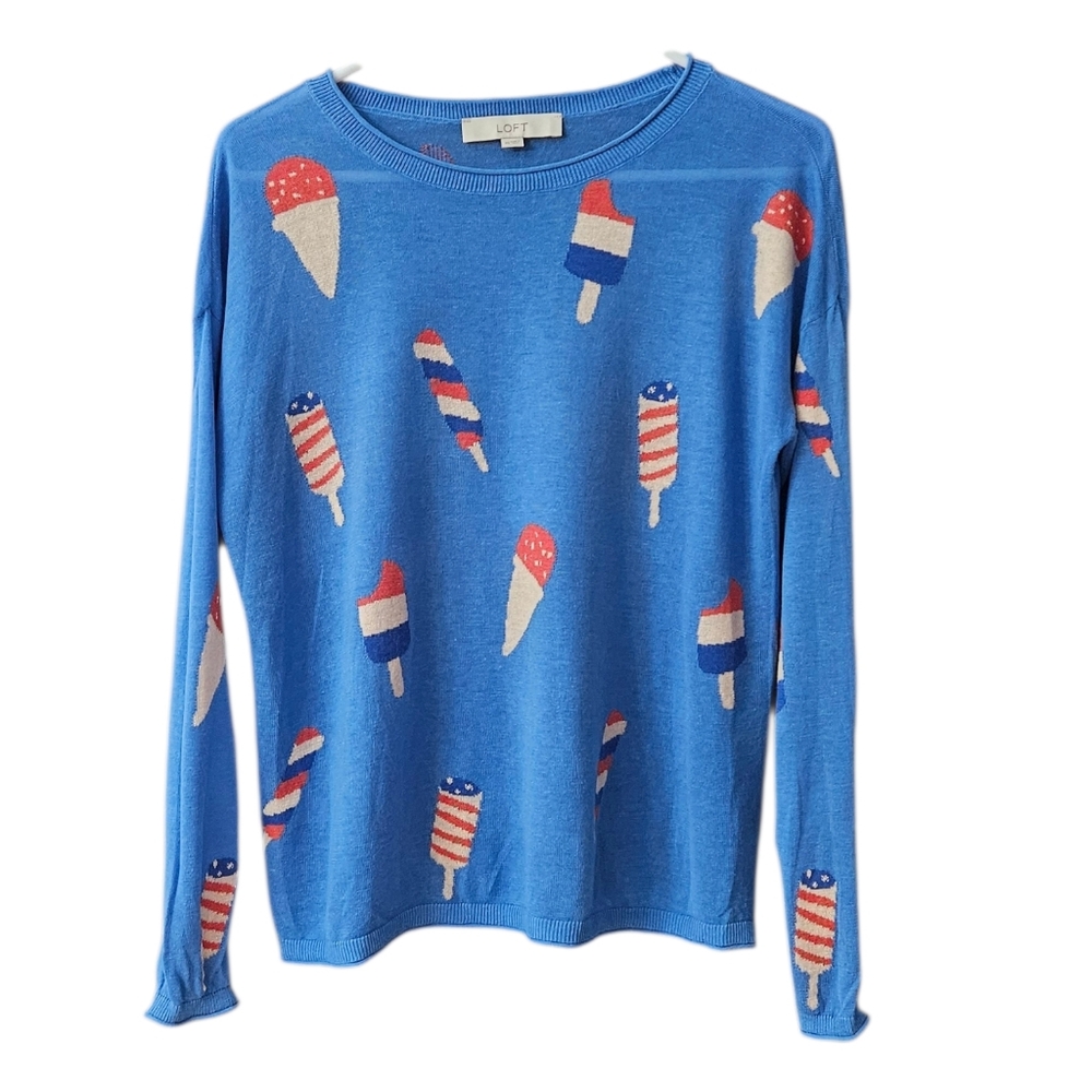 LOFT Bomb Pop Popsicle Print Sweater Women's XS Lightweight Patriotic Blue Red